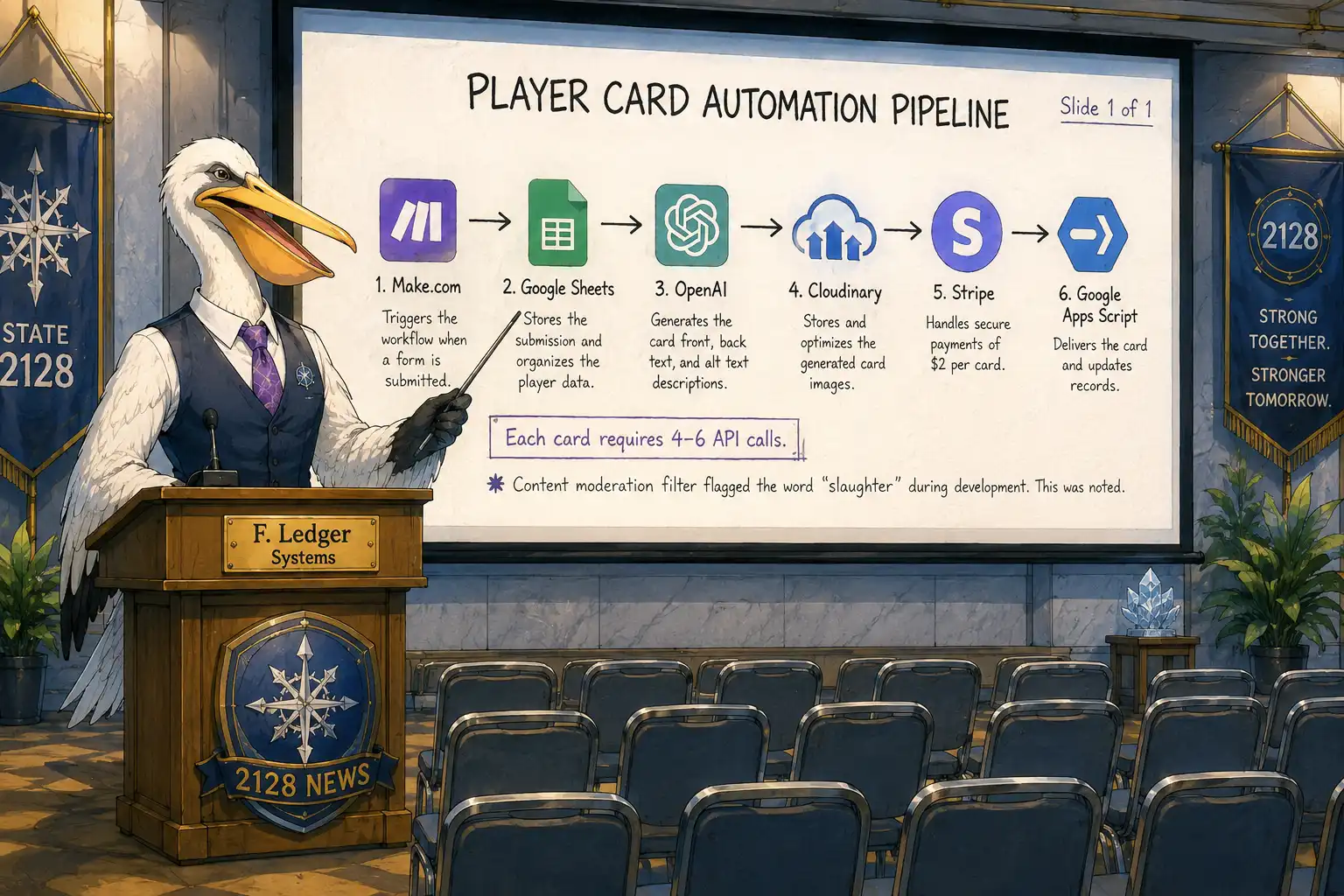 A pelican in a tie standing at a podium presenting a flowchart with six logos connected by arrows, the audience of zero chairs all empty, a single slide behind him reading Slide 1 of 1, the podium nameplate reading F. Ledger, Systems