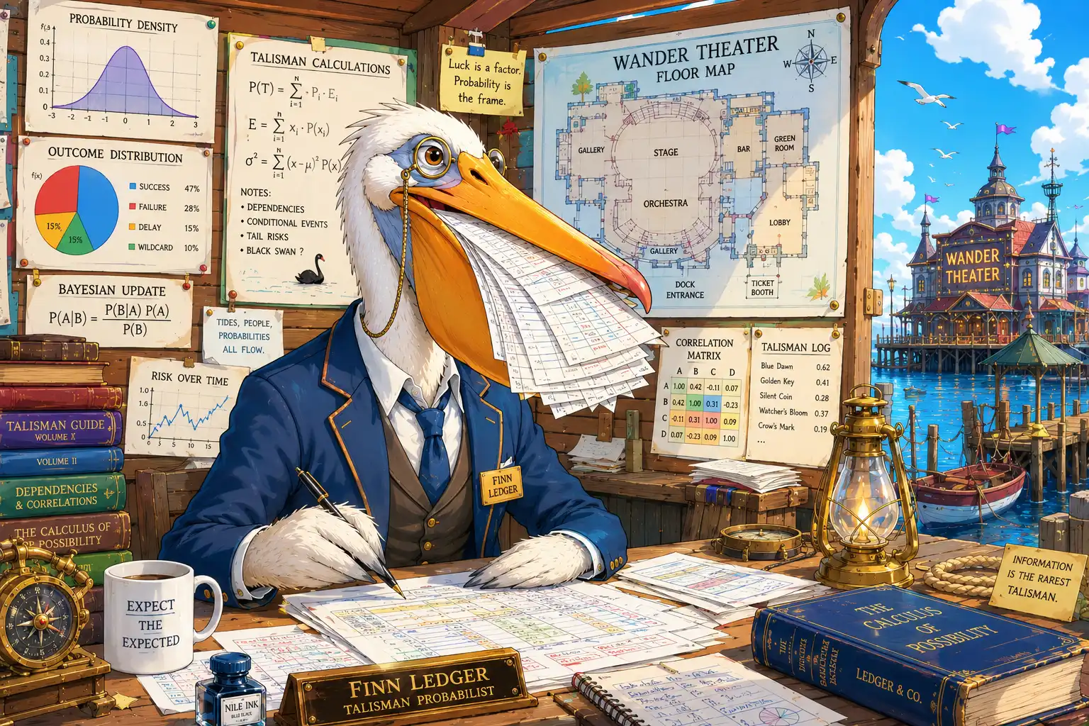 Finn Ledger at his dock-side desk surrounded by probability charts and Talisman calculations, a Wander Theater floor map pinned to the wall, his pelican beak stuffed with spreadsheets