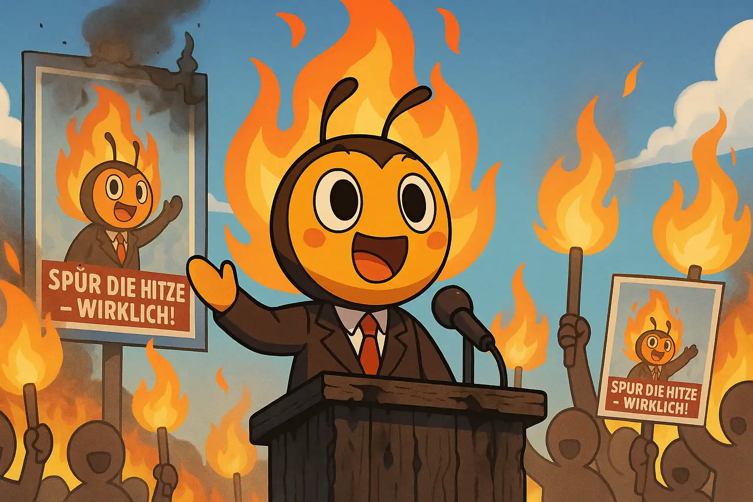 Anime-Stil: Firebug! steht auf einem improvisierten Podium im Schnee, brennende Wahlplakate leuchten im Hintergrund.
