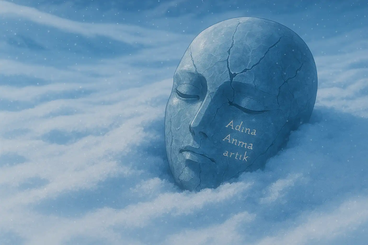 A cracked ice mask half-buried in snow, faint Turkish calligraphy glinting in the frost — silence has teeth.