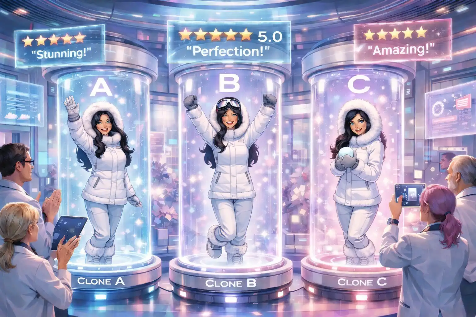 Glamorous sci-fi laboratory showcase with three elegant Bell A clones standing in presentation poses, labeled A, B, and C, surrounded by admiring scientists and glowing reviews