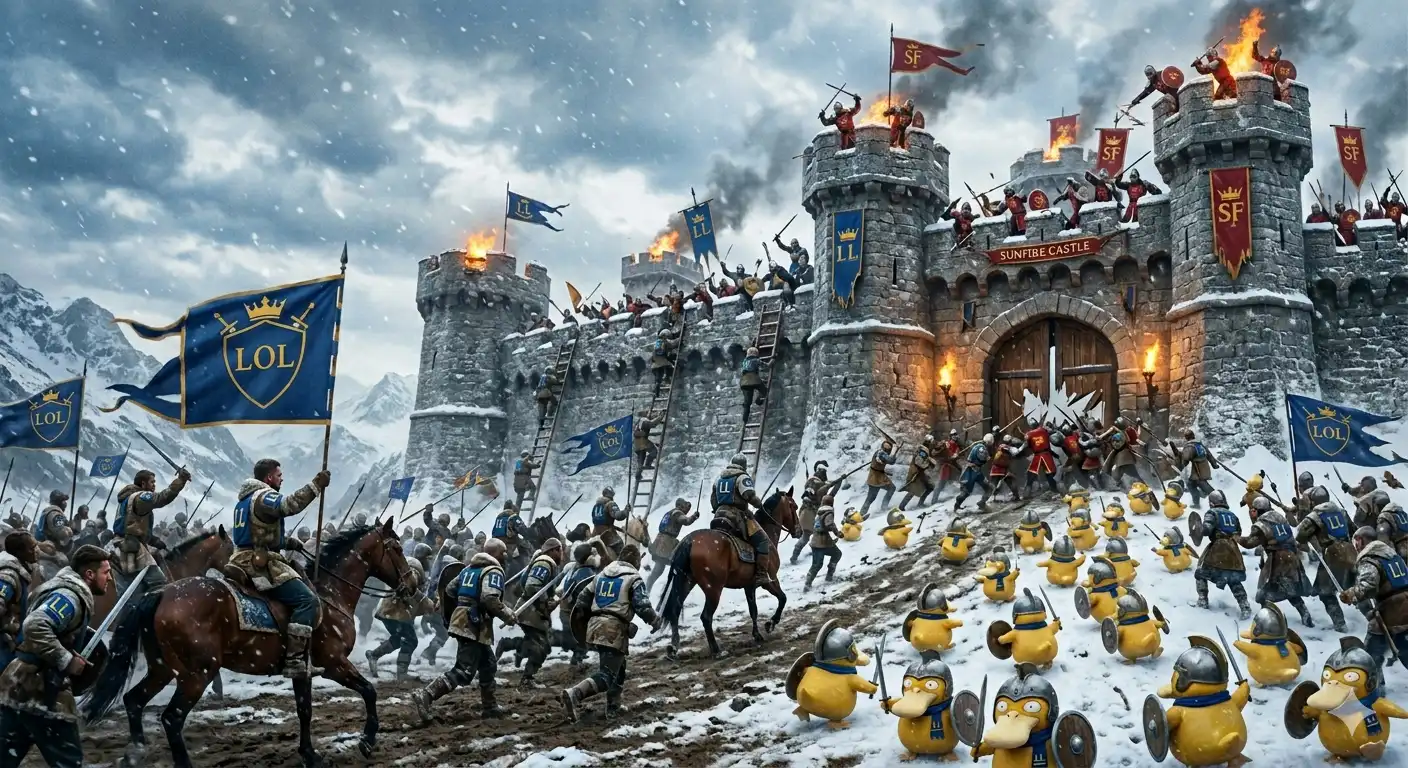 Lowkey Legends troops storming the Sunfire Castle gates, banners raised, energy of people who have something to prove