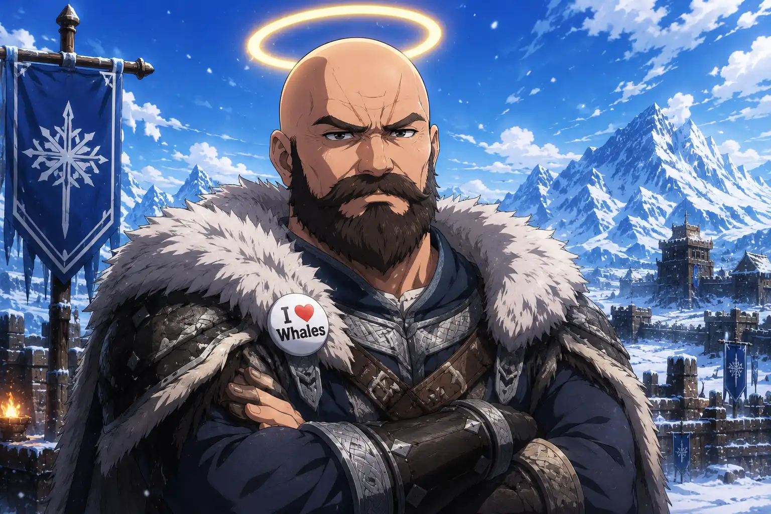 Mordukai back in State 2128 wearing an I Heart Whales button, WEARING A HALO AND looking extremely cranky about it