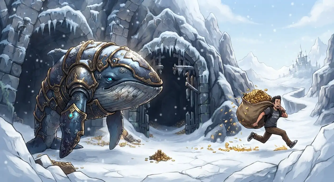 An enormous whale in battle armor peering sadly into a stone vault containing only a few gold coins, a Century Games developer sprinting away in the background with an enormous overflowing bag of money