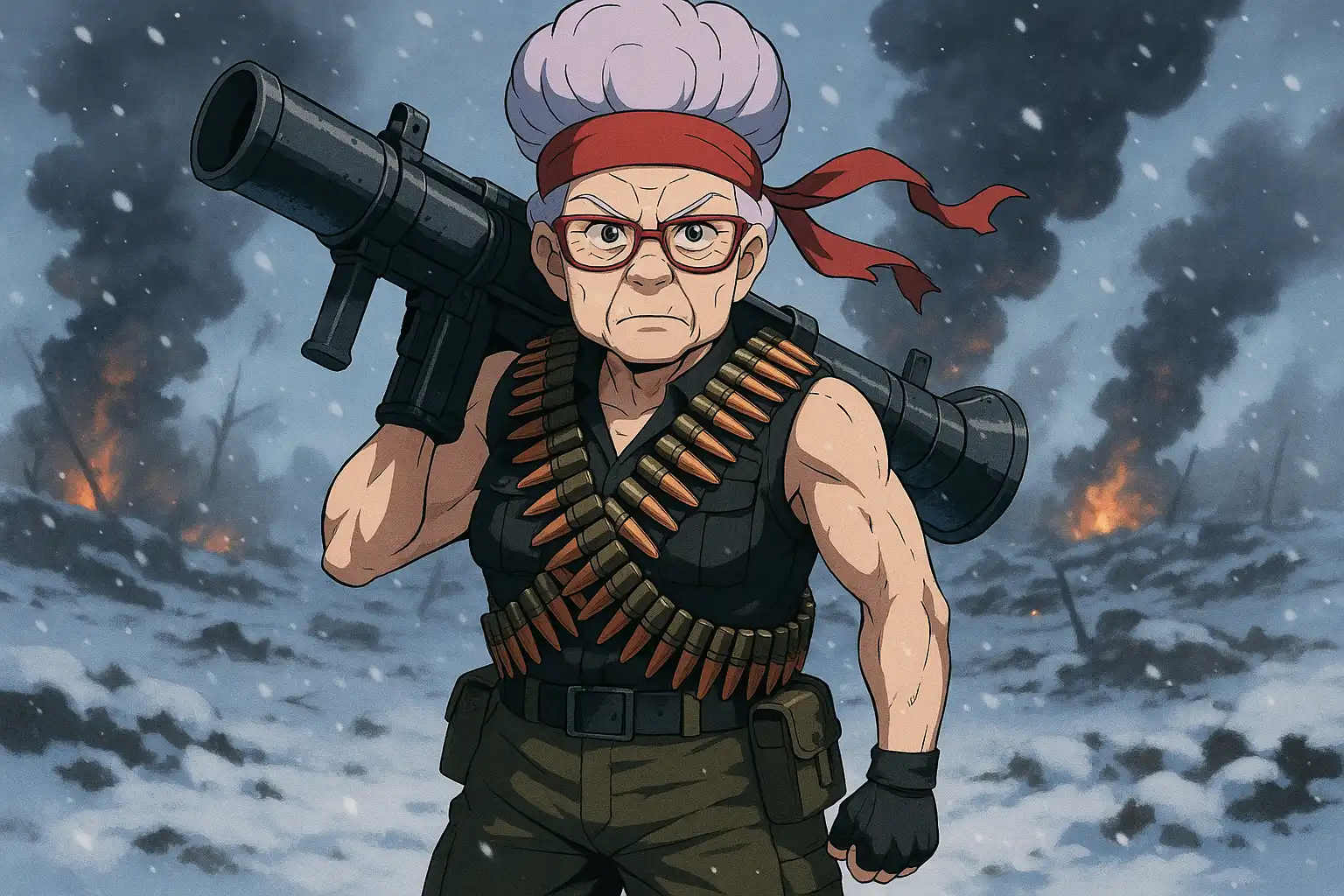 Muscular anime-style Granny Beelzebub in full Rambo gear, bandana tied tight, heavy weapon slung over one shoulder, standing confidently on a snowy battlefield with a fierce, determined stare.