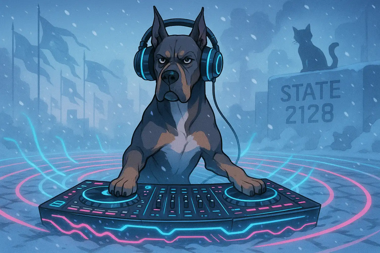 Anime-style Great Dane in DJ headphones at a glowing mixer, sound waves blasting across a snowy State 2128 plaza while distant alliance banners flutter and a smug cat silhouette watches from a wall.