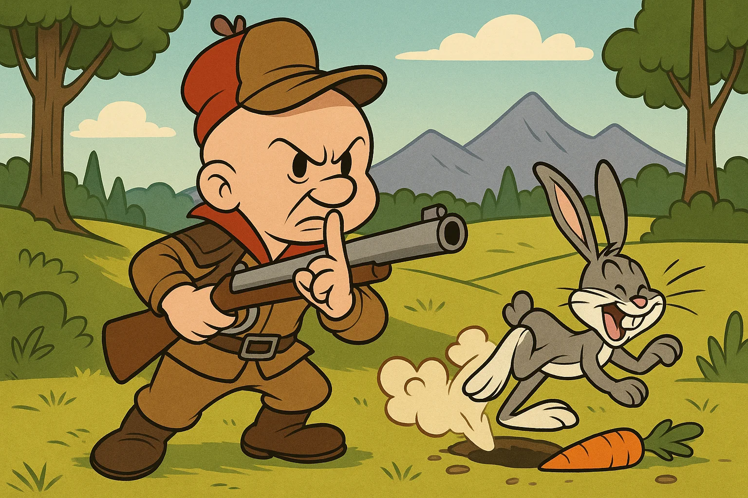 Anime-style hunter looking for a rabbit; carrot on the ground