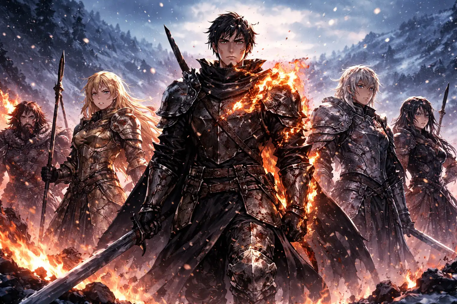 A team of exhausted but dignified warriors standing in the rubble of a hard-fought battle, heads held high, someone's armor is on fire but they seem unbothered