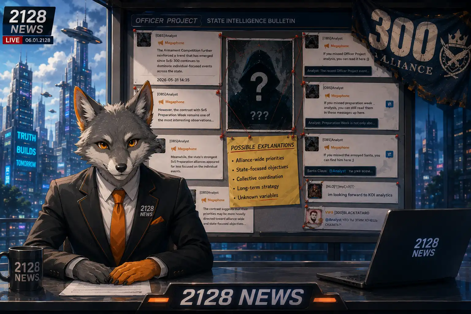 A grey wolf in a suit at the 2128 News desk, behind him a conspiracy board covered in pinned megaphone screenshots, a yellow sticky note reading Possible Explanations, BLACKTATARO's face visible among the pinned messages, a 300 alliance banner in the corner, Truth Builds Tomorrow on a billboard outside the window