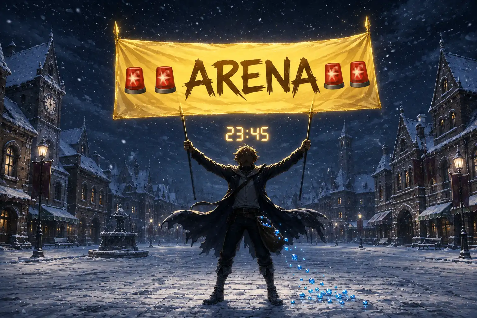 A lone figure standing in an empty town square at exactly 23:45 holding up an enormous glowing banner that just says ARENA with sirens on either side, nobody around, 400 gems falling out of his pocket, the dedication absolute and unexplained