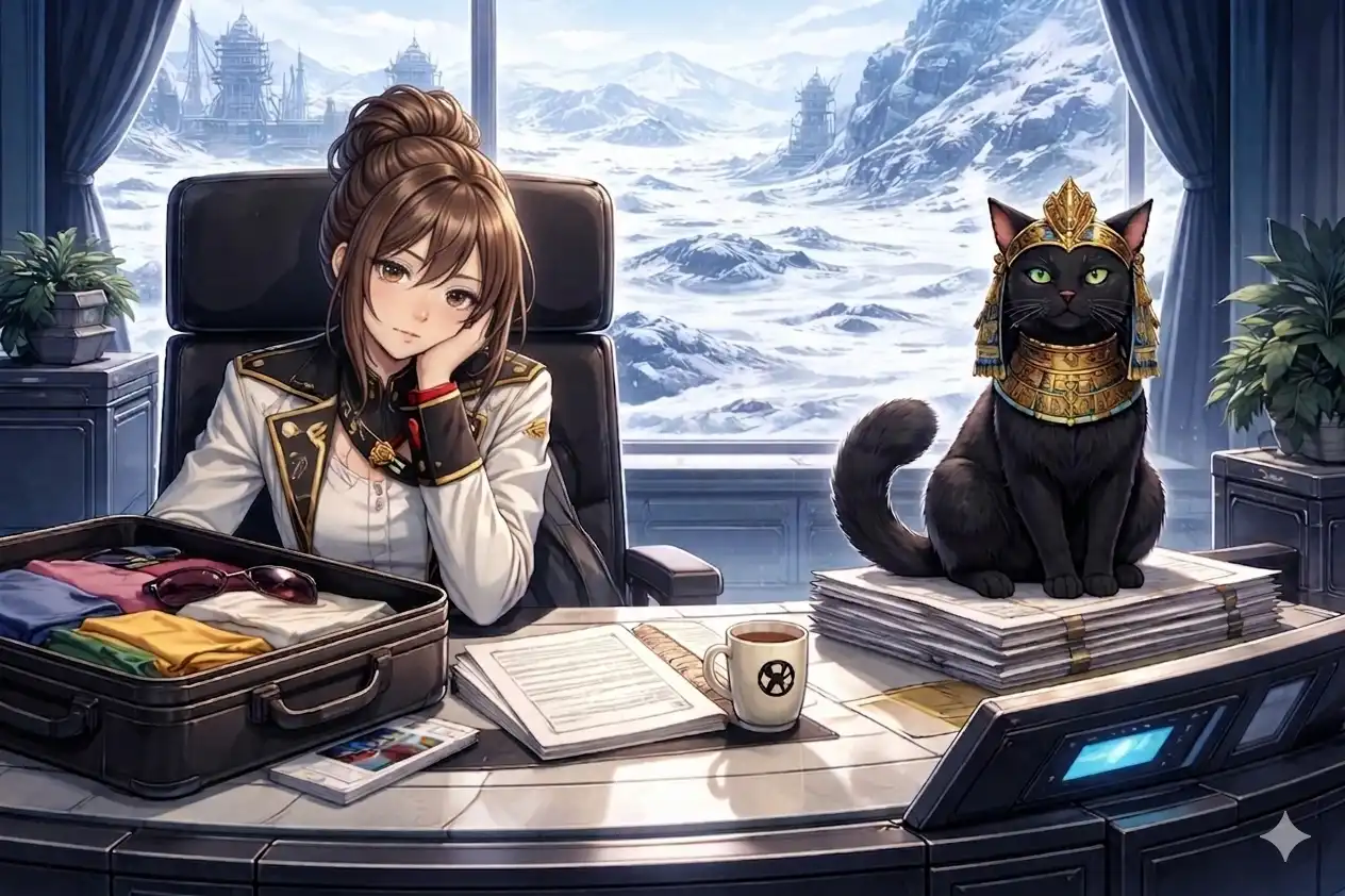Dii back behind her presidential desk looking resigned, a packed suitcase visible in the corner, Pharaonic Cat sitting on the desk looking smug about the whole situation
