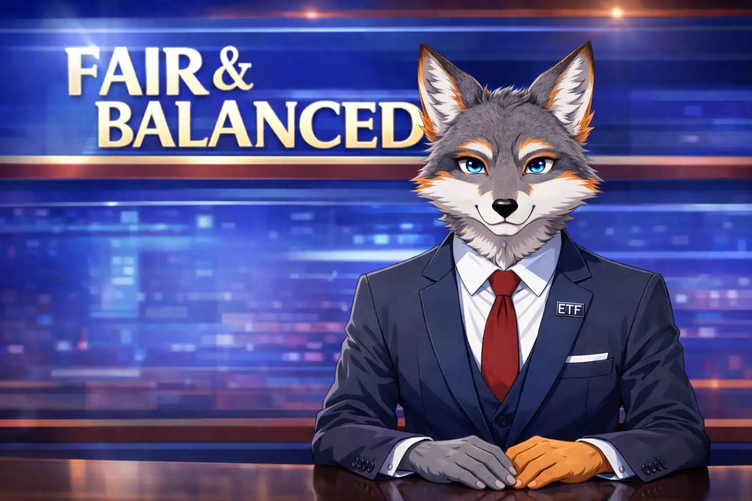 Professional headshot-style image of Greigh Fox, a distinguished-looking fox in a sharp suit and tie, American flag pin on lapel, sitting at a news desk with 'Fair & Balanced' banner behind him