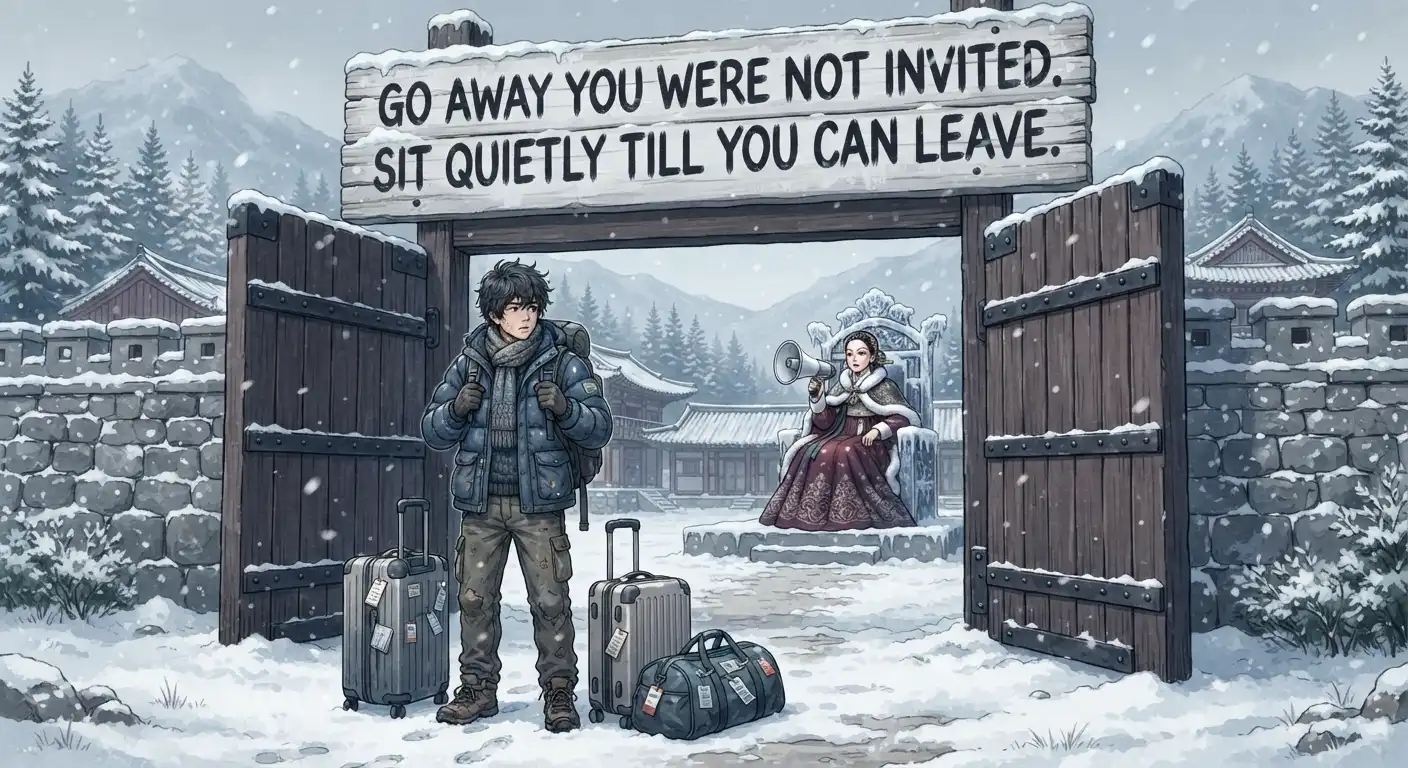 A weary traveler standing at the open gates of a snowy Korean fortress surrounded by luggage, a large wooden sign overhead reading GO AWAY YOU WERE NOT INVITED and SIT QUIETLY TILL YOU CAN LEAVE, Julie seated on an ice throne inside the gates wearing a fur-trimmed hanbok and holding a megaphone, snow falling, mountains in the background, the hospitality overwhelming