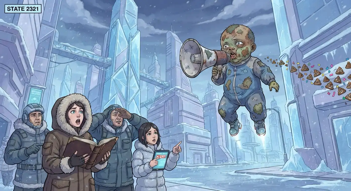 Mordukai arriving in a new state like a restraining order violation with a megaphone, horrified residents checking their roster in disbelief, a trail of poop emojis floating behind him like confetti, a mute button visibly worn down to the nub