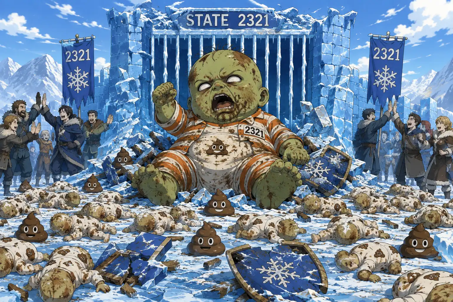 A giant dirty baby sitting in a smashed ice fortress surrounded by rubble and broken shields, wearing a prisoner jumpsuit over his stained onesie, behind cartoon jail bars made of icicles, dozens of identical smaller dirty babies in matching onesies scattered across the frozen landscape all face-down and defeated, State 2321 residents in the background high-fiving