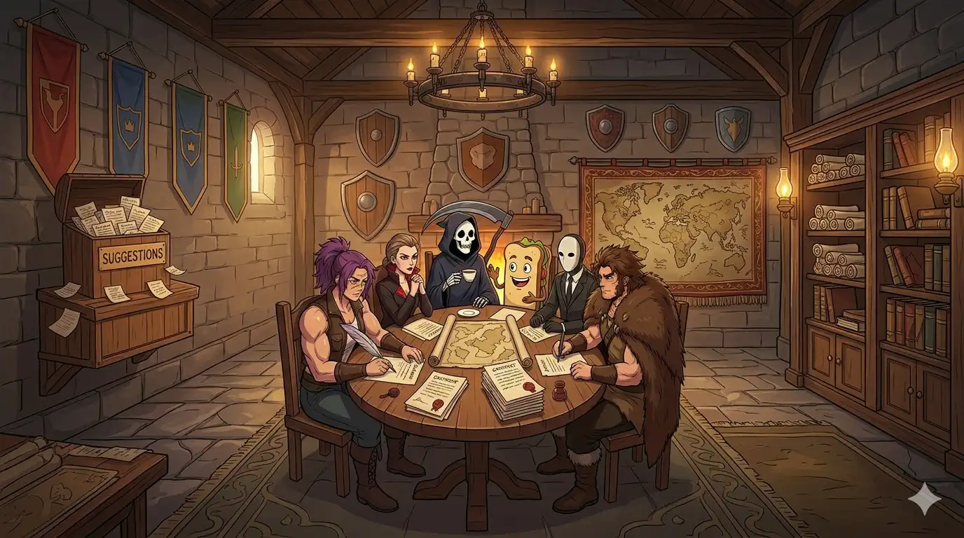 A round table of alliance leaders with stacks of paperwork, someone has a very large red pen, a suggestion box overflowing in the corner, everyone looks serious but approachable