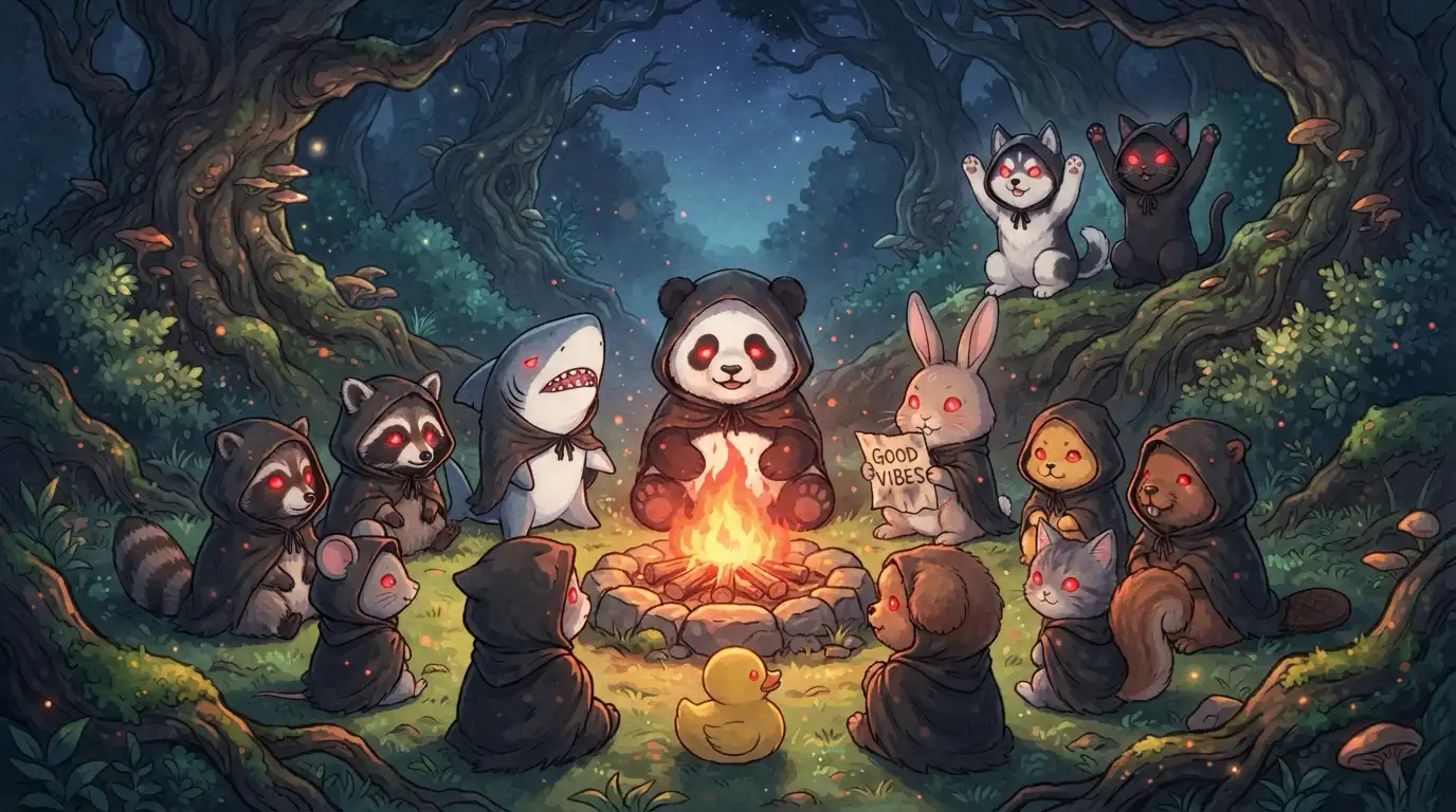 Small hooded animals with glowing red eyes gathered in a circle around a campfire altar, one holding a slightly damp pamphlet that reads good vibes, Panda sitting in the center looking hypnotized, Pei and Bow watching from the shadows with matching clipboards