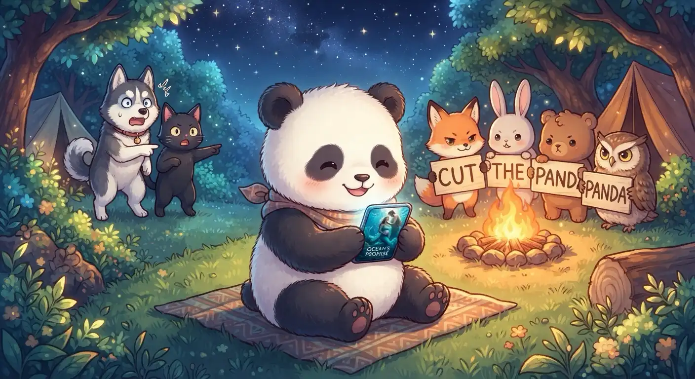 Panda sitting cross-legged on the ground watching a phone screen showing a pregnant merman AI drama, behind her a campfire surrounded by players holding signs reading CUT THE PANDA, Pei and Bow standing in the background looking shocked, Panda not noticing any of it