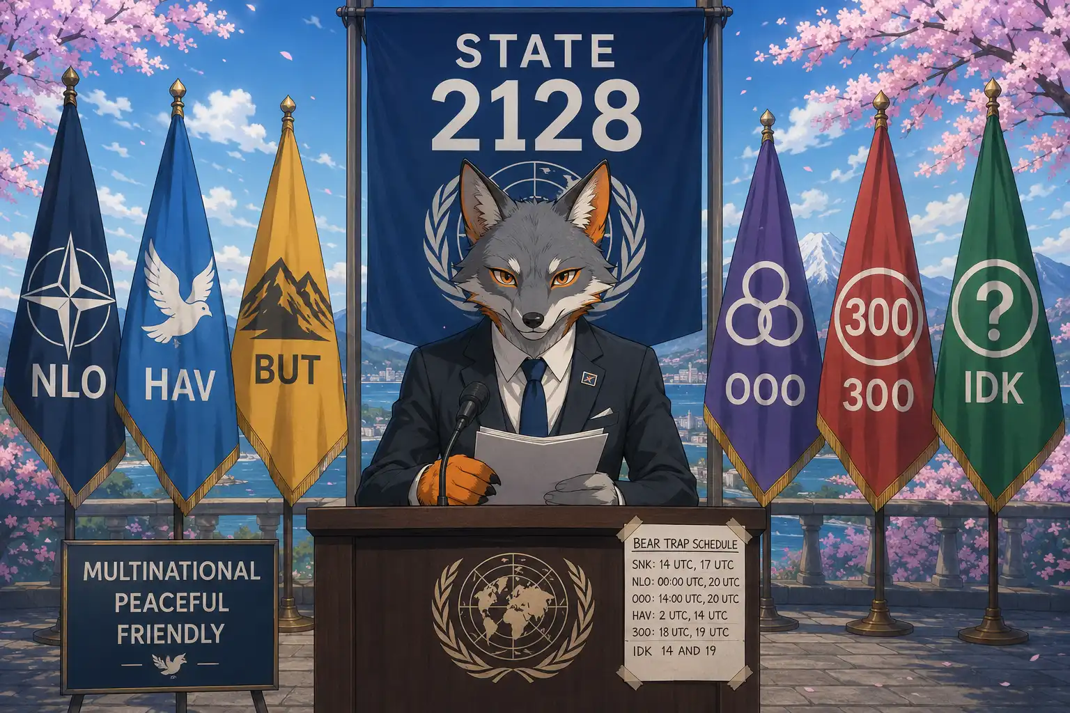 Greigh Fox standing at a podium in front of a State 2128 banner looking like a fox who prepared remarks and intends to deliver them, six alliance flags arranged behind him in a row, a small 'MULTINATIONAL PEACEFUL FRIENDLY' sign visible, someone's bear trap schedule taped to the corner of the podium