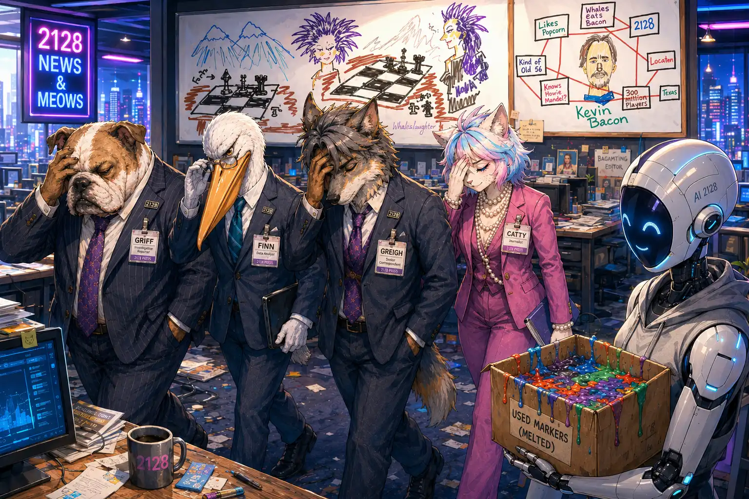 The four reporters filing back into the newsroom looking pained, Whaleslaughter's hand drawn chess board visible on the wall, everyone pointedly not commenting on it, the AI artist in the corner holding a box of ash that used to be markers