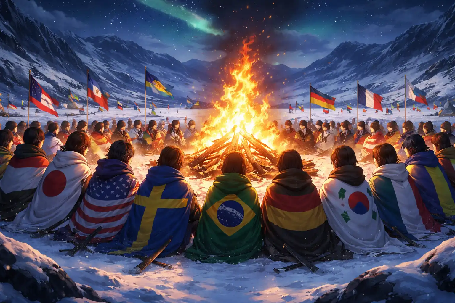 Players from different backgrounds gathered around a fire in the ice, different flags and colors visible but everyone facing the same direction, the world outside the frame implied to be considerably less warm