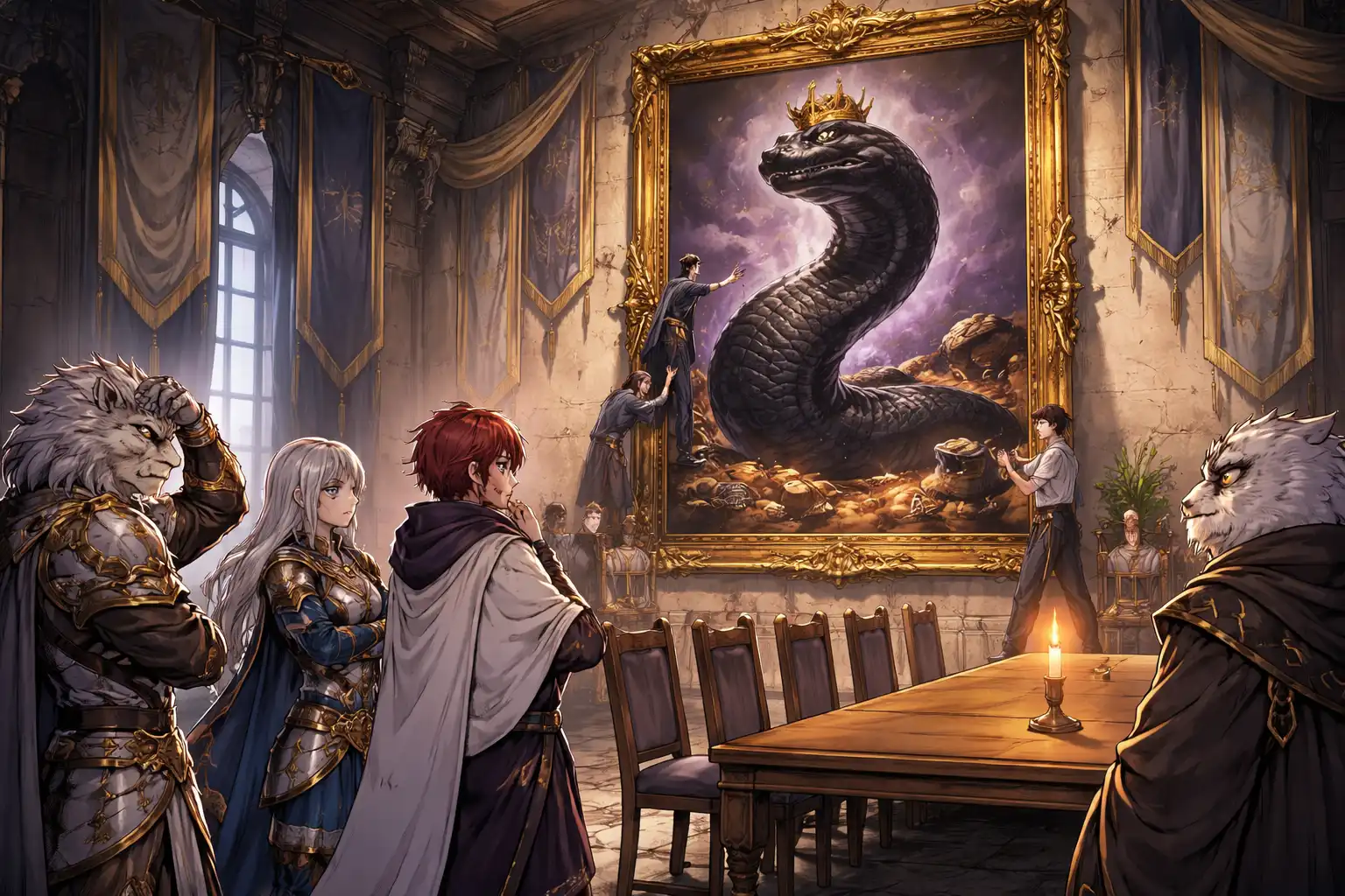 A large alliance hall, mostly empty, a single candle burning, someone has pushed all the chairs to one end of the table, a massive ornate gold-framed oil portrait of Dooly going up on the wall while SNK leadership watches with the expression of people who are reconsidering several decisions