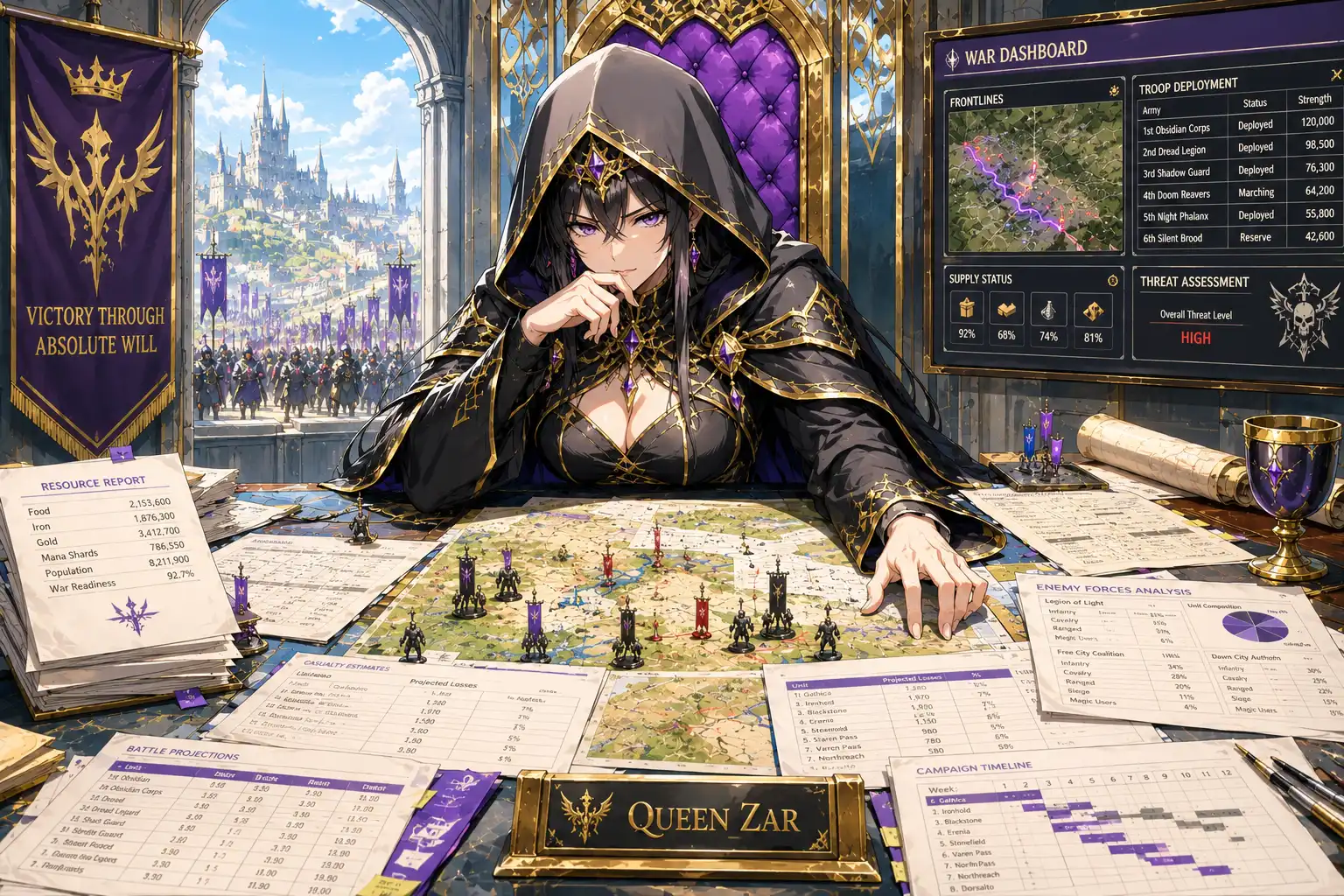 Queen Zar at a war table covered in spreadsheets and battle maps, Sin visible in the background already awake and taking notes, DByrd and Wandyrer coordinating rallies in the distance, the castle standing firm behind them