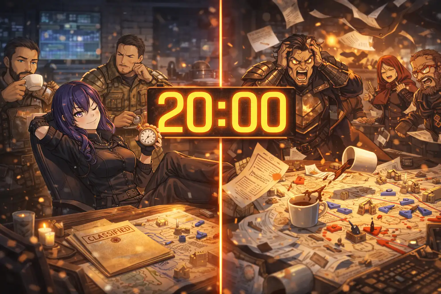 Documentary-style landscape of a command center where the tension has slightly eased, a large digital clock now showing a 20:00 lead while tired soldiers finally take a sip of water