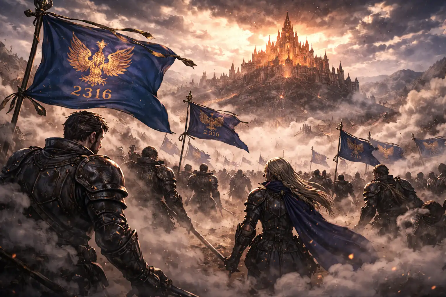 Documentary-style landscape showing the banners of State 2316 emerging through thick battle smoke, soldiers regrouping with grim determination while the Sunfire Castle looms in the distance
