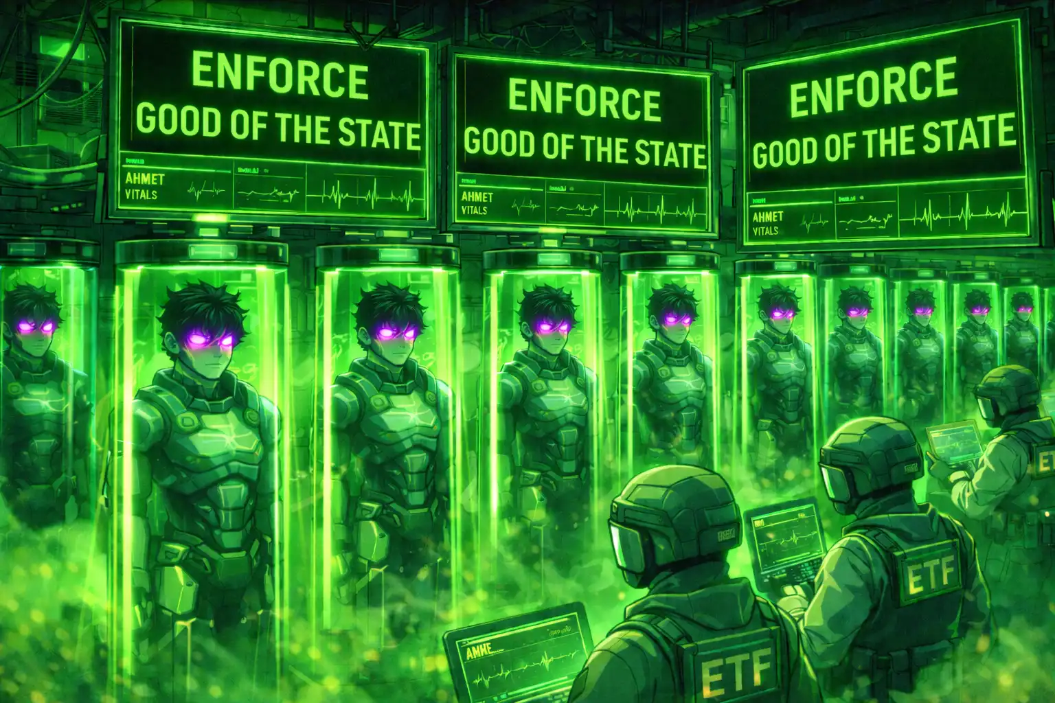 Sci-fi facility with rows of identical Ahmet clones in glass tubes, all with glowing red eyes programmed with single directive displayed on screens: 'Good of the state', scientists in ETF uniforms monitoring vital signs