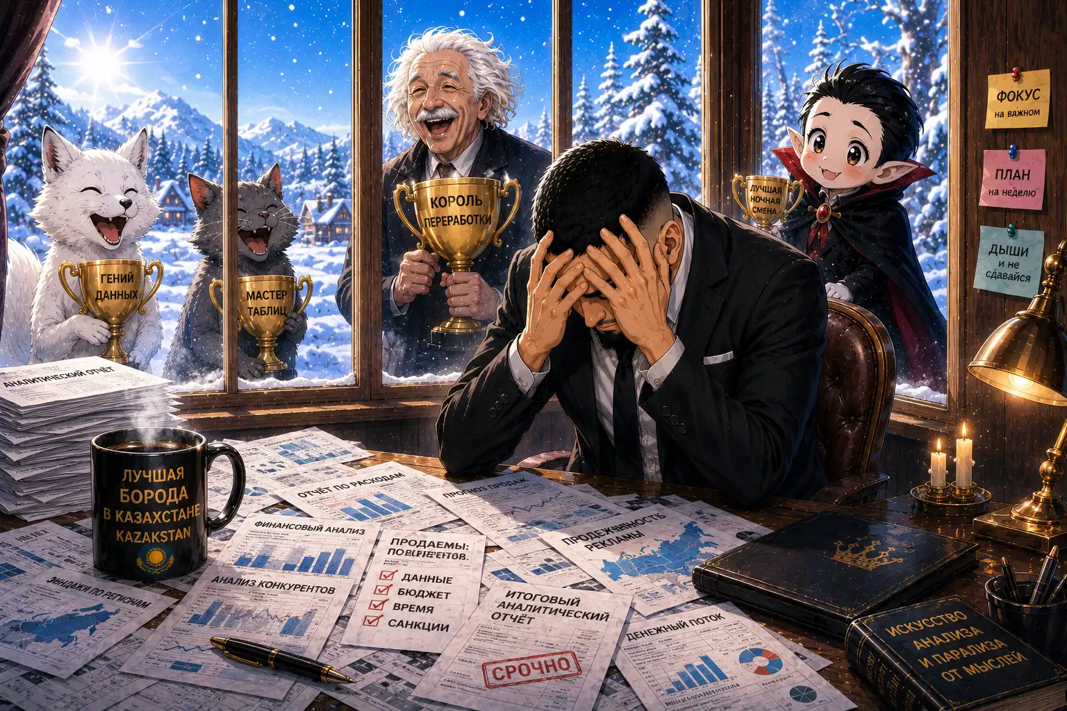 BLACKTATARO with his head in his hands at a desk covered in analytics reports, a white fox a grey cat and a pelican wearing Einstein hair laughing and holding trophies in the background, Dracula in the corner holding a small trophy and smirking