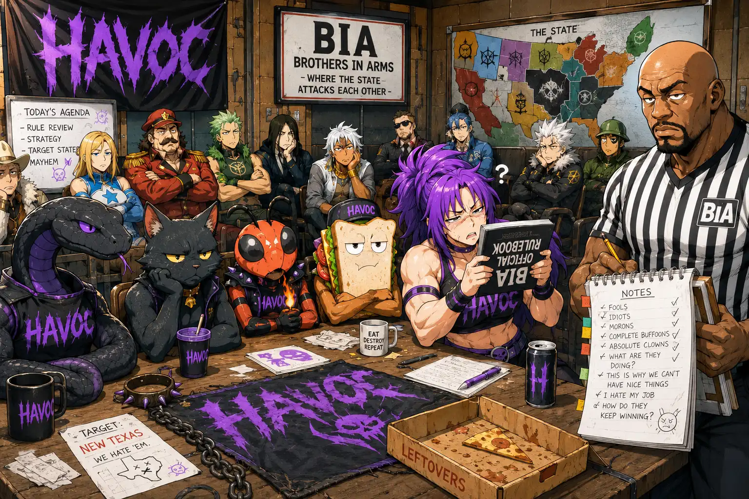 A freshly printed rulebook on a table, several HAVOC members squinting at it upside down, a referee with a very full notepad, everyone else in the state looking unsurprised