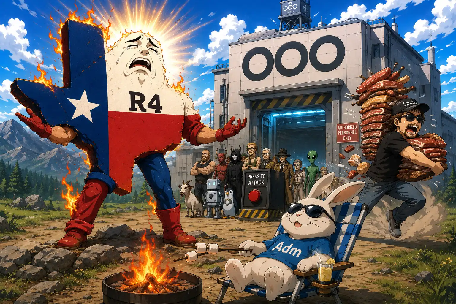 Big R4 a state of texas flag shaped like texas with legs and a few smoldering flames standing heroically in front of an OOO facility looking noble, the entire state queued up behind a very long attack button, Adm in a lawn chair roasting marshmallows looking extremely content, Spider in the background fleeing with an enormous stack of meat