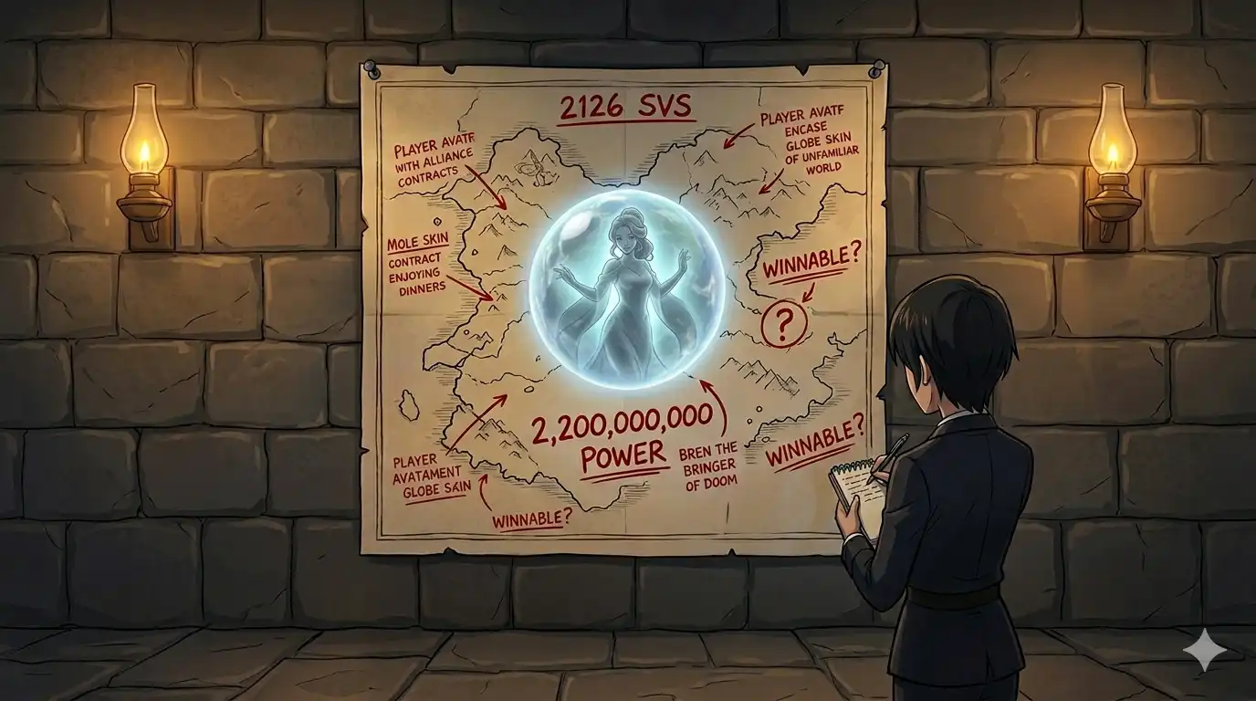 A spy report pinned to a war room wall, a single player silhouette surrounded by dramatic lighting holding a globe, the number 2,200,000,000 written in red underneath, someone has drawn a tiny question mark next to the word 'winnable'