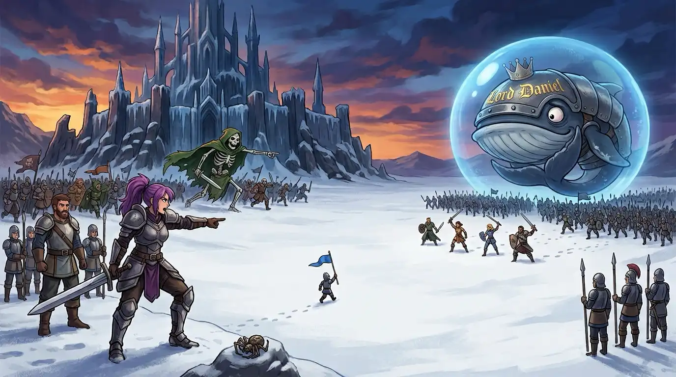 A snowy battlefield at dusk in front of a frozen castle. A purple-haired warrior woman in armor points across the field, where one tiny soldier carrying a blue flag marches alone through the snow. Beside her stands a bearded warrior with a small squad. A skeleton in a green hooded cape charges ahead of an army, and four fighters stand in the open facing a much larger force. On the far side, a giant armored whale wearing a crown, with Lord Daniel written on its helmet, hides inside a glowing blue bubble. In the foreground a dead spider lies on its back on a rock.