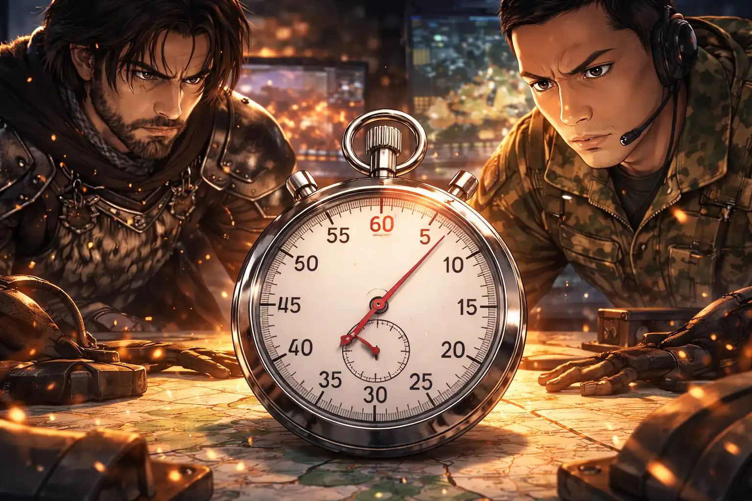 Documentary-style close-up of a glowing castle timer showing 40-second lead, commanders from both states staring at screens with intense focus, every second counting