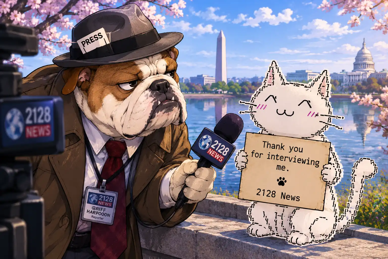 Griff Harpoon, a bulldog in a trench coat and press badge, holding a microphone out to a small cat made of dashes and characters who is holding a sign that reads Thank you for interviewing me