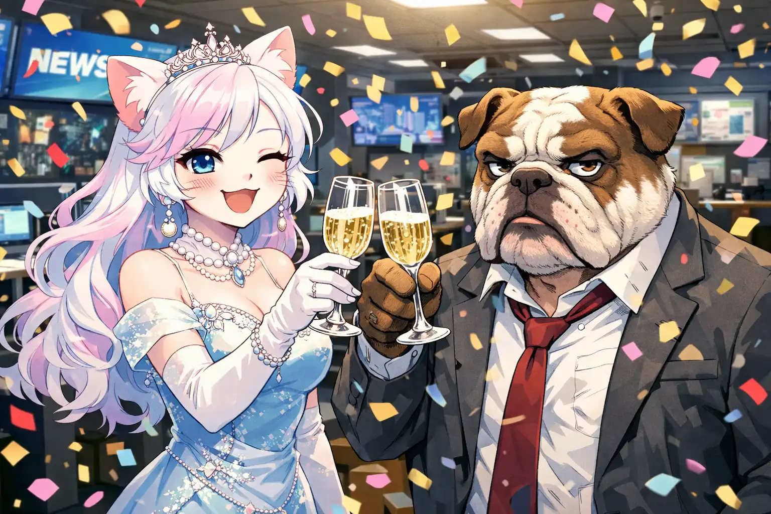 Anime-style Catty von Catacean in elegant evening wear and gruff Griff Harpoon in a rumpled suit reluctantly clinking champagne glasses in a newsroom, confetti falling around them, Catty beaming while Griff looks mildly annoyed but resigned