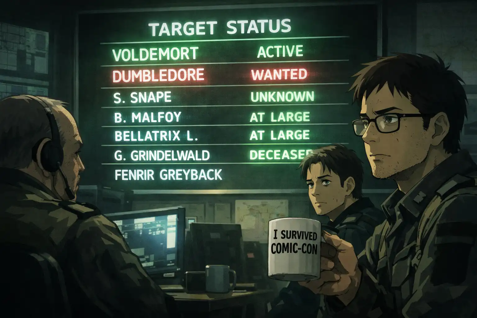 Documentary-style shot of a glowing leaderboard in a dark command room, names like Voldemort and Dumbledore lit up in harsh fluorescent light while tired officers stare at it with deadpan expressions, one holding a coffee mug that says I survived Comic-Con