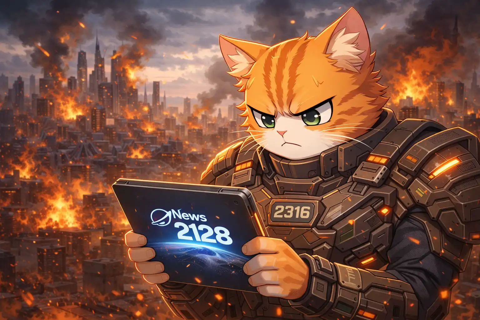 Documentary-style landscape of a 2316 commander reading a tablet with a frustrated expression while his city burns behind him, a 2128 news logo visible on the screen