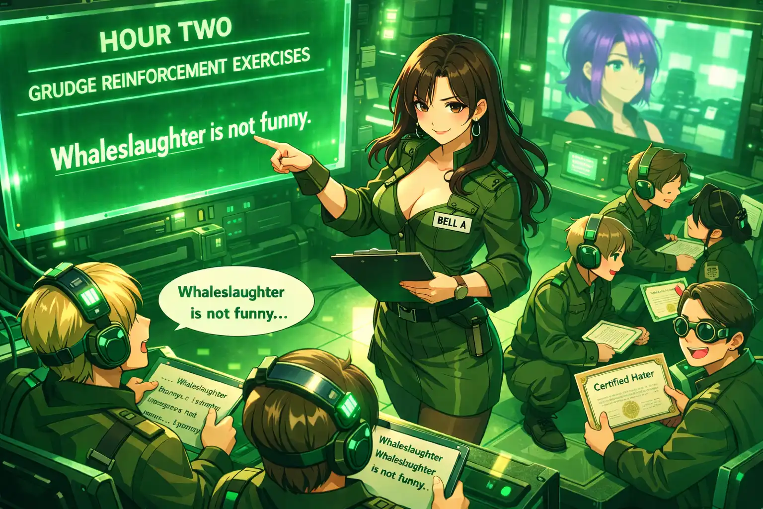 Sci-fi training facility schedule displayed on holographic screen: Hour 1 - Grievance Playback, Hour 2 - Grudge Reinforcement Exercises, Hour 3 - Advanced Blame Techniques, graduates receiving certificates labeled 'Certified Hater'