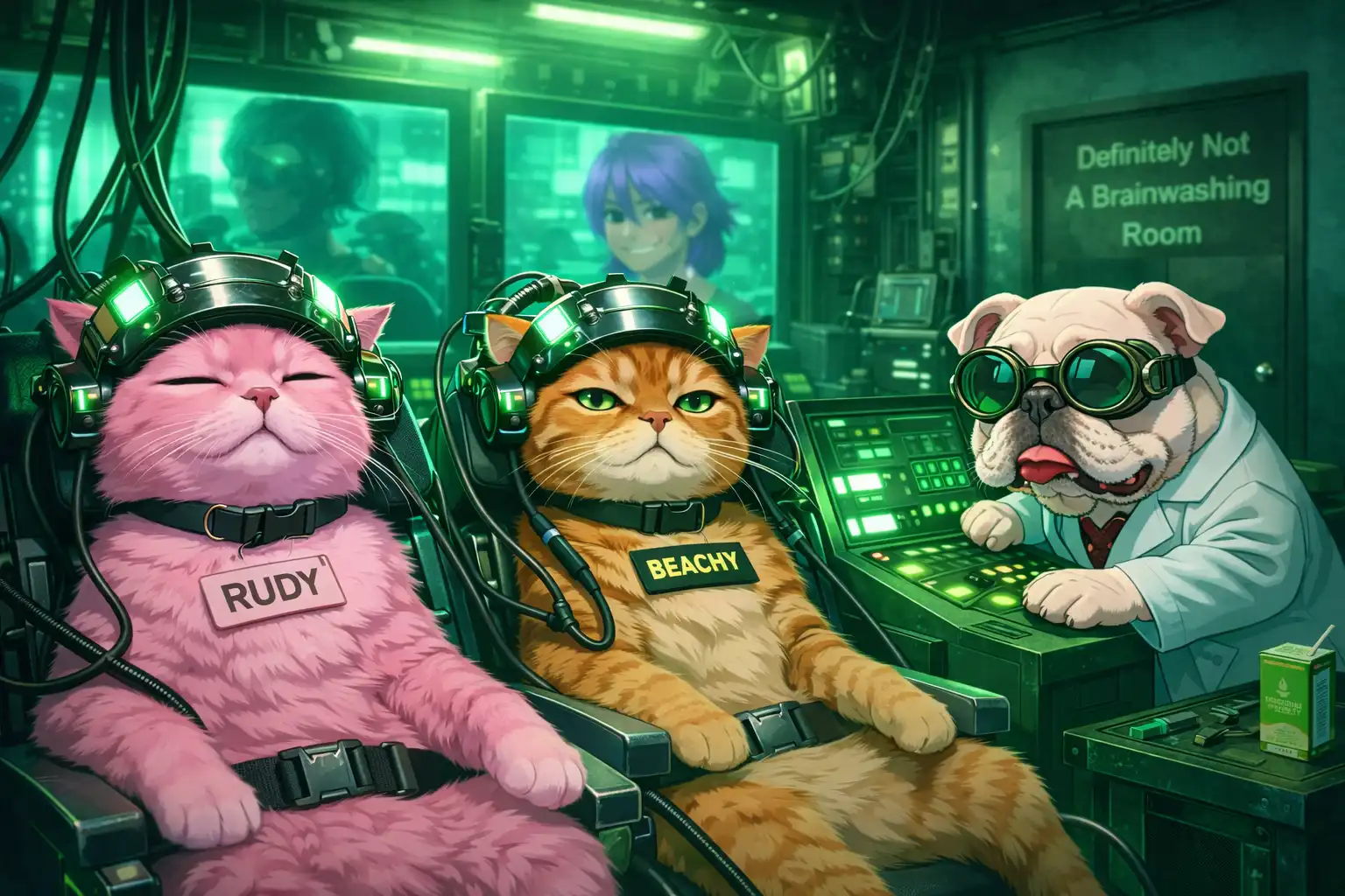 Sci-fi style underground facility with glowing screens displaying Whaleslaughter's face, new ETF recruits in chairs with electrode headbands, scientists in lab coats taking notes, ominous humming machinery