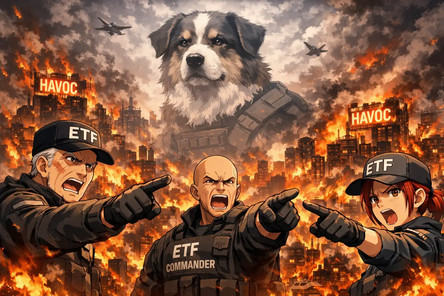 Documentary-style image of multiple burning HAVOC cities while ETF leadership points accusingly at a faded image of Sheepdog in the background, implying collective punishment