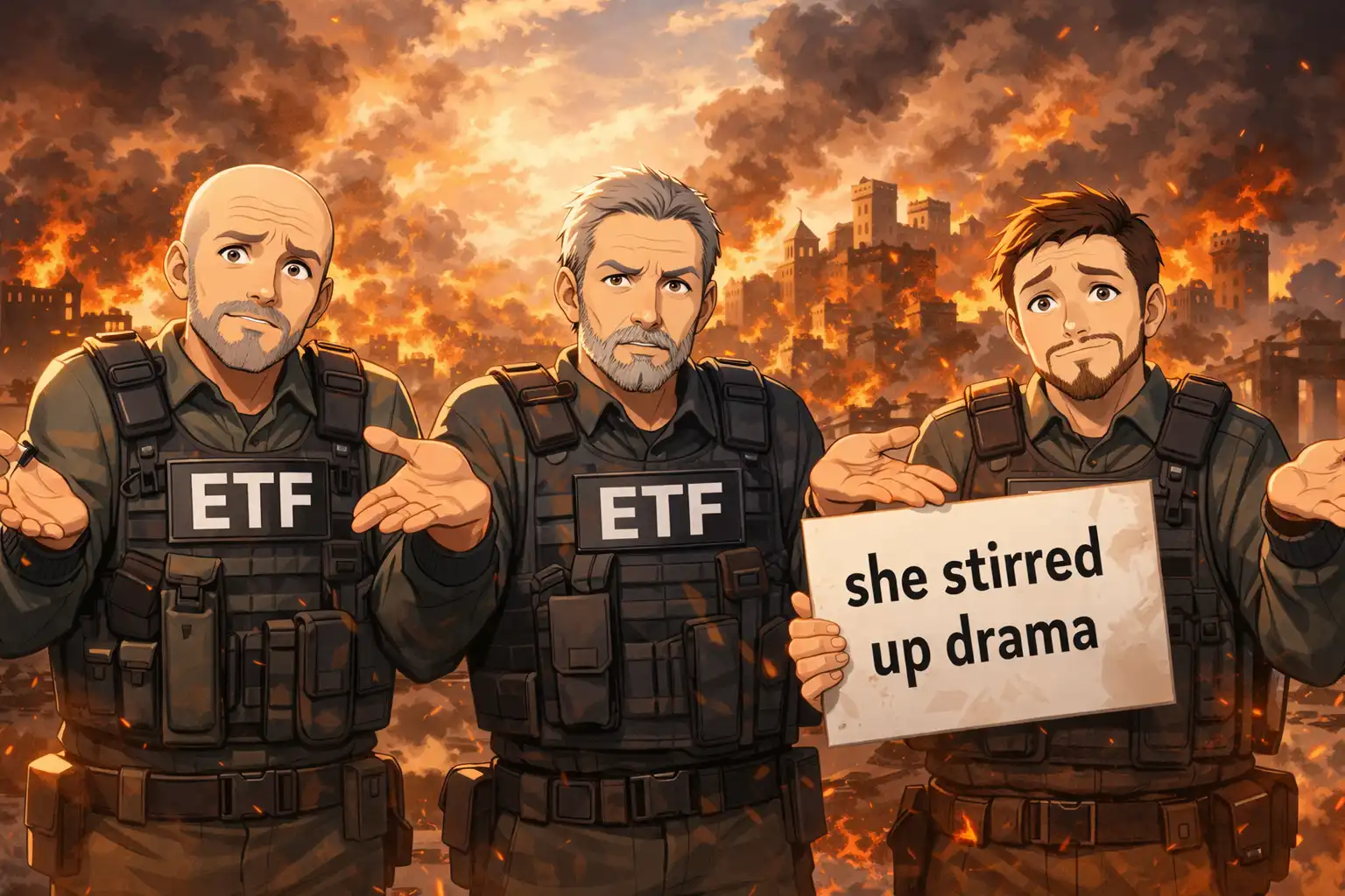 Documentary-style image of ETF leadership shrugging while Whaleslaughter's burning city smolders in the background, one holding a sign reading 'she stirred up drama'