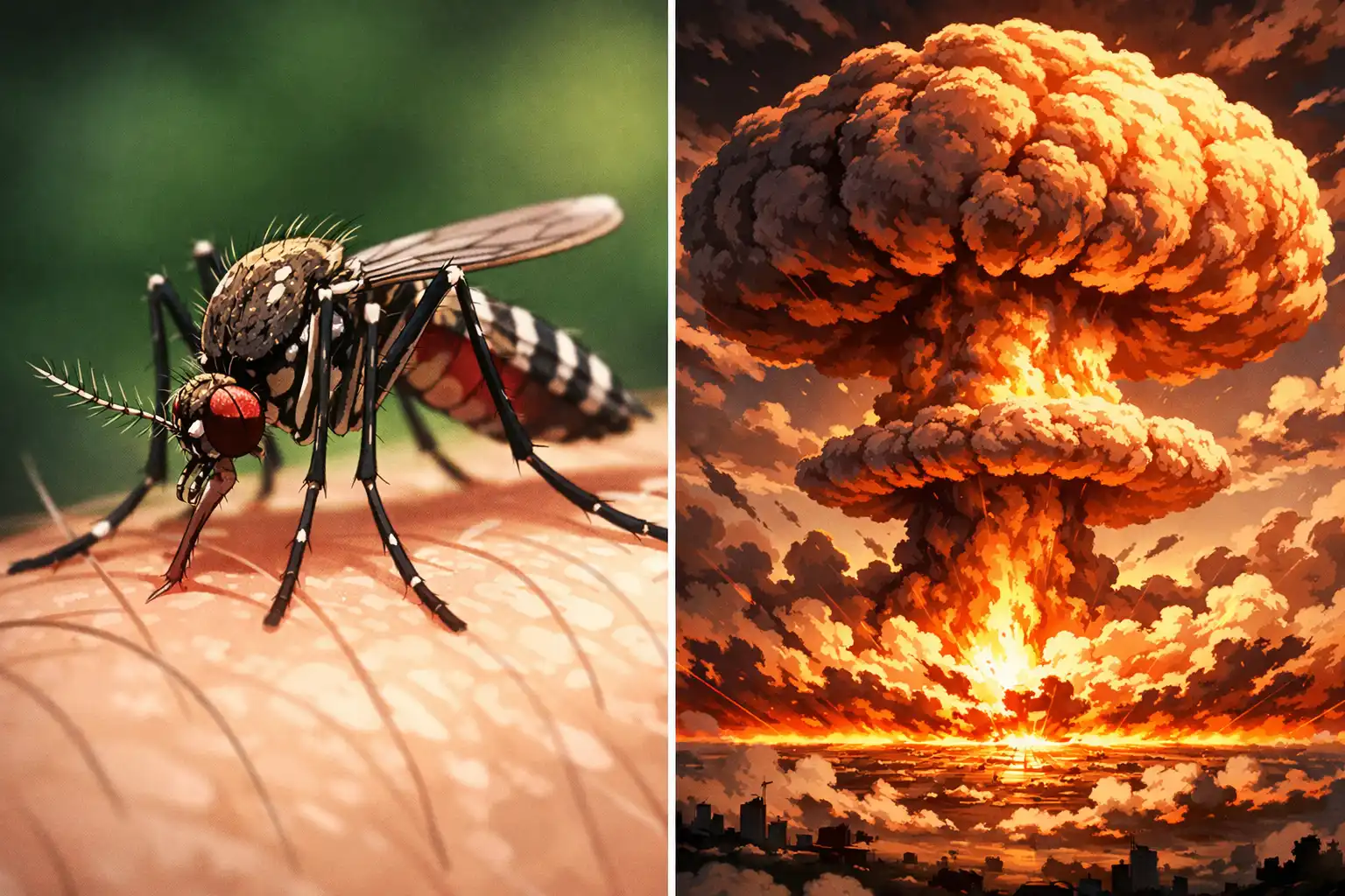 Split-screen documentary-style image showing a tiny mosquito on one side and a massive mushroom cloud explosion on the other, with clinical labeling showing 'Threat: 1 soldier' vs 'Response: 9-player coordinated rally, 208K casualties'