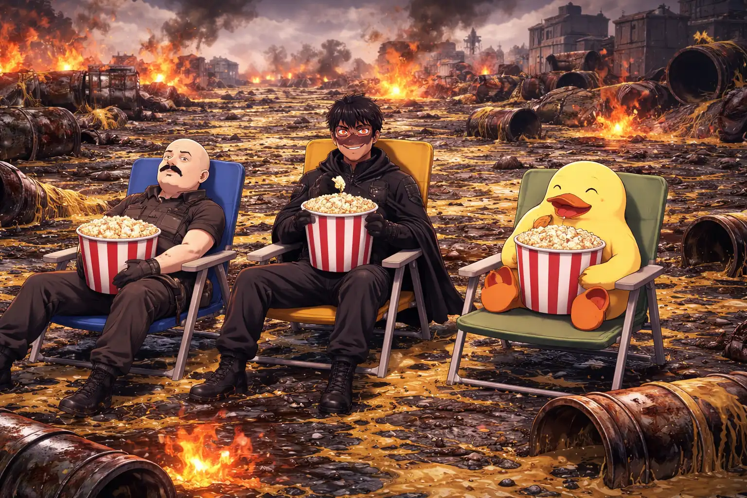 World chat rendered as a sticky, grease-coated disaster zone, ETF members reclined in lawn chairs with industrial-sized popcorn buckets, one is asleep, none of them care