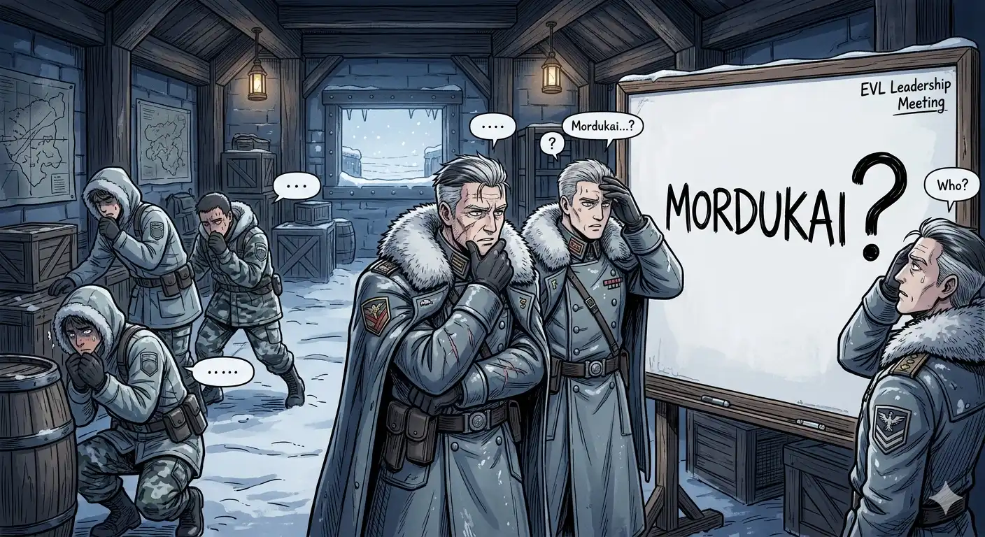 EVL leadership looking genuinely blank at the mention of Mordukai's name, a few rogue members in the back trying to make themselves small, Mordukai's name written on a whiteboard with a large question mark next to it