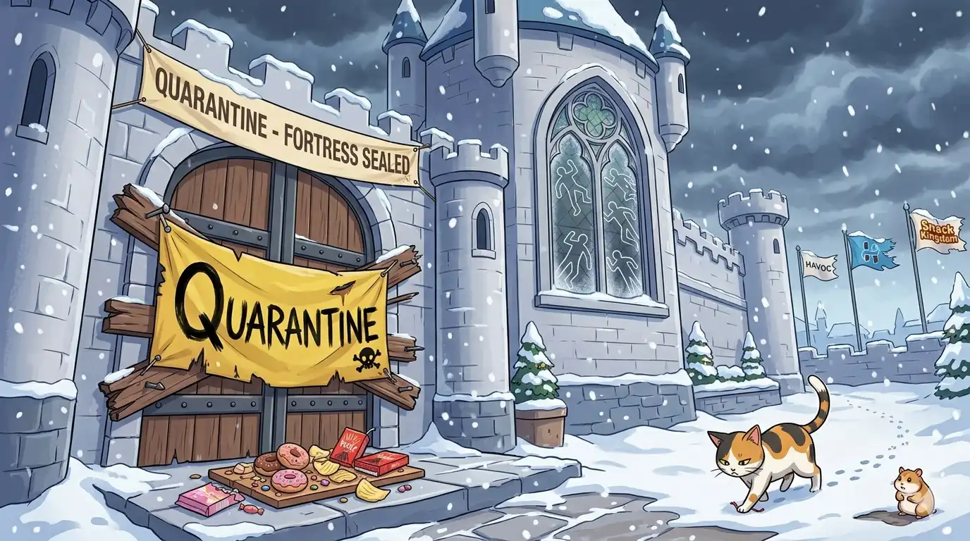 A medieval fortress with a quarantine flag hastily nailed to the gate, eight chalk outlines visible through the window, a half-eaten snack platter on the doorstep, a hamster walking away from the scene looking extremely guilty
