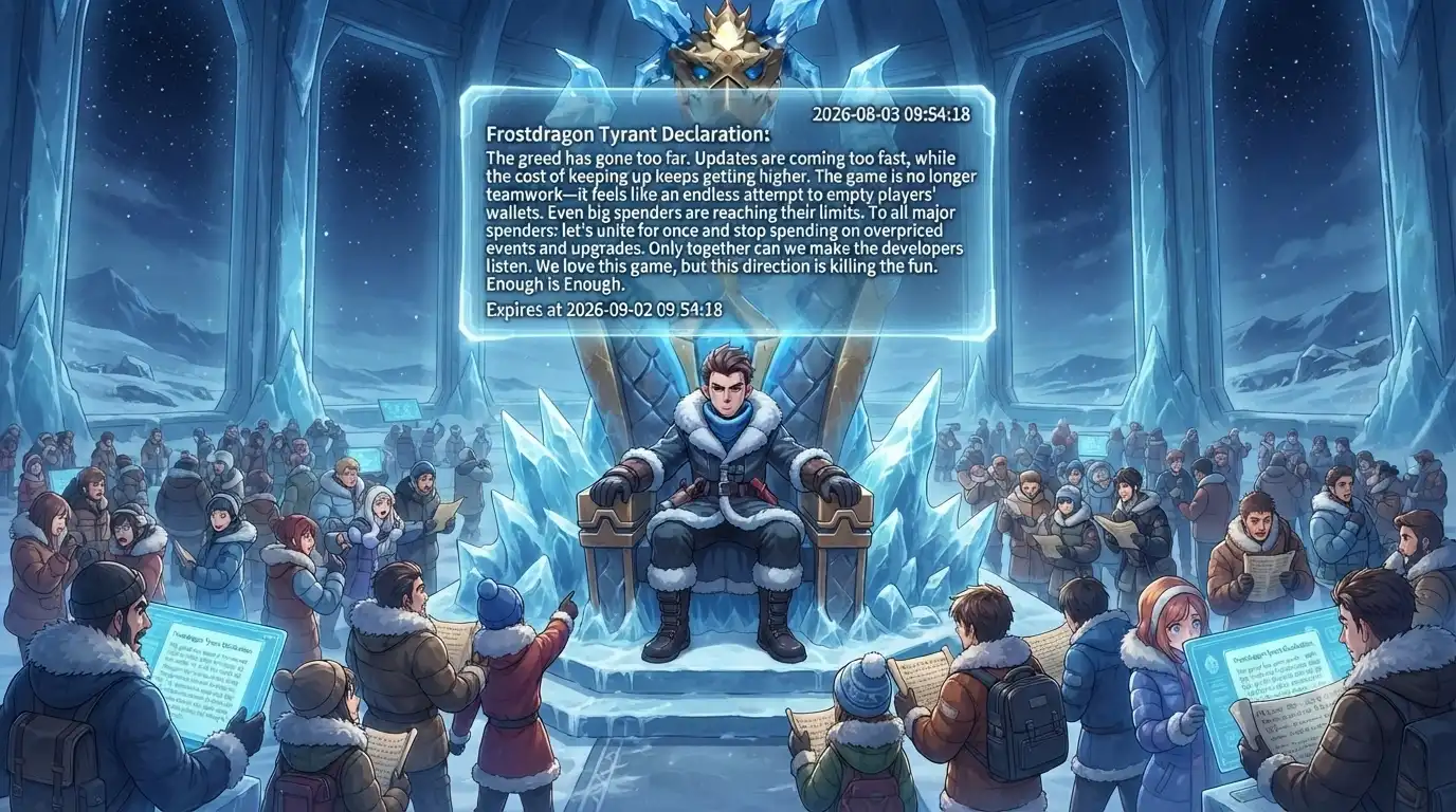 The Frostdragon Tyrant declaration mail displayed in game, victory banner in the background, the message visible in full