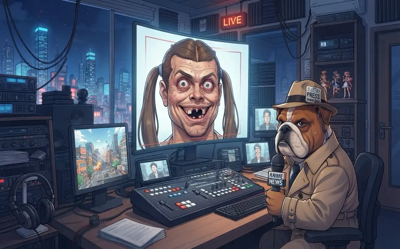man in pigtails with missing teeth on the screen while bulldog griff reports